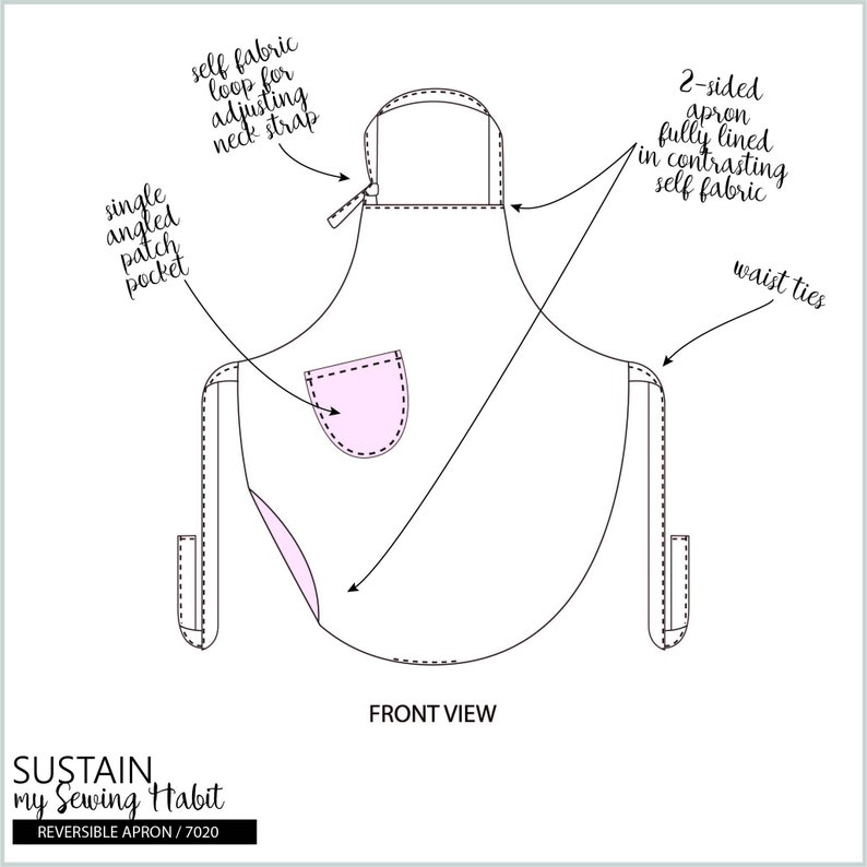 May include: A white reversible apron with a single angled patch pocket, self fabric loop for adjusting neck strap, and two-sided apron fully lined in contrasting self fabric. The apron has waist ties. SUSTAIN my Sewing Habit REVERSIBLE APRON / 7020 FRONT VIEW