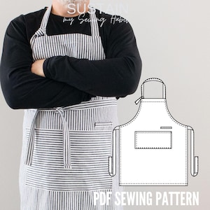 Könnte beinhalten: Eine grau-weiß gestreifte Schürze mit Nackenband, Taillenbändern und einer Vordertasche. Das Bild enthält eine schwarz-weiße Strichzeichnung des Schürzendesigns sowie den Text "SUSTAIN my Sewing Habit" und "PDF SEWING PATTERN".