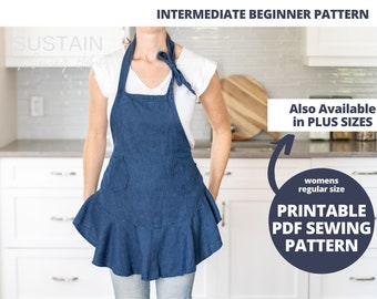 Women's Ruffled Apron | PDF Sewing Pattern | Digital Instant Download | Print at Home | Regular Size (also avail in plus size)