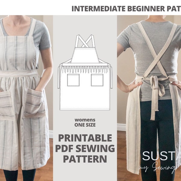 Gathered Pinafore Apron | PDF Sewing Pattern | Digital Instant Download | Print at Home | One Size | Kitchen Apron with Cross Back Straps