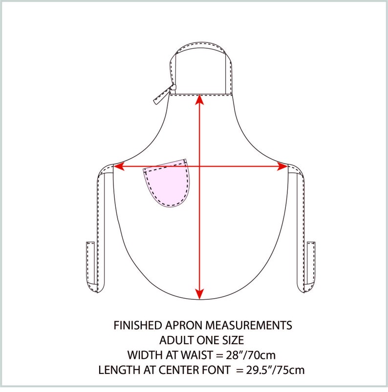 May include: A black and white line drawing of an apron with a pocket. The apron is 70 cm wide and 75 cm long.