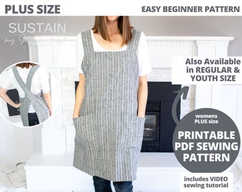 PLUS SIZE Cross Back Apron with Square Neck | PDF Sewing Pattern | Womens Pinafore | Multi Use Apron | Instant Download | Print at Home