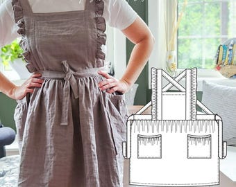 May include: A taupe-coloured pinafore apron with ruffled shoulder straps, a tie-waist, and side pockets, worn over a white t-shirt. A black and white line drawing of the apron pattern is displayed on the right with the text PDF SEWING PATTERN.