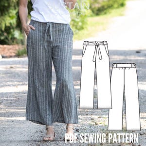 May include: Grey wide-leg trousers with white vertical pinstripes, featuring a high-waisted design with a tie-front belt and side pockets. A black and white line drawing illustration of the trousers is displayed alongside the text PDF SEWING PATTERN.