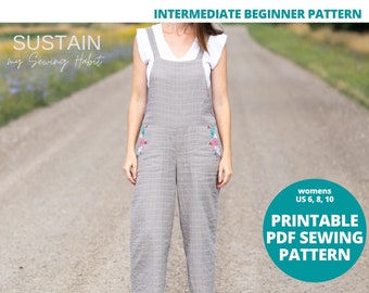 Womens Casual Overalls | PDF Sewing Pattern | 3/4 Length Pant | Instant Download | Print at Home | US6,8,10