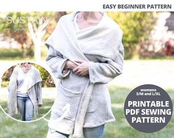 Women's Oversized Wrap Cardigan | PDF Sewing Pattern | Cozy, Easy to Wear Cardi | Digital Instant Download | Print at Home | US S/M & L/XL
