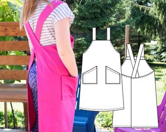 May include: A bright pink apron with wide shoulder straps and two side pockets, shown worn over a striped shirt and patterned leggings. The image includes a white line drawing illustration of the apron design and the text SUSTAIN Sewing Habit.