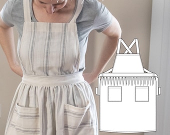 May include: An apron featuring a cream and grey striped pattern with two front pockets and wide shoulder straps. The image includes a black and white line drawing of the apron design and the text SUSTAIN my Sewing Habit and PDF SEWING PATTERN.