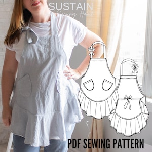 May include: A light blue apron with two front pockets, a ruffled hem, and a tie closure at the shoulder. The image includes a black and white line drawing illustration of the apron design and the text SUSTAIN Sewing Habit PDF SEWING PATTERN.