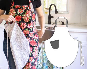 May include: A reversible apron featuring a black fabric with a red and green poinsettia floral print on one side and a white fabric with a black geometric line pattern on the other. A white line drawing of the apron pattern with a pocket is included.