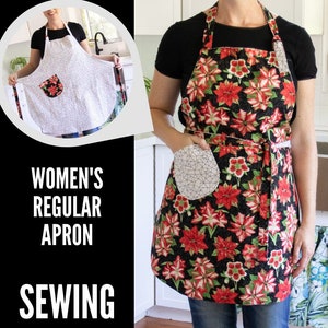 May include: Reversible apron sewing pattern for a regular apron. The apron is black with red floral print and a geometric print pocket. The apron is shown being worn by a person.