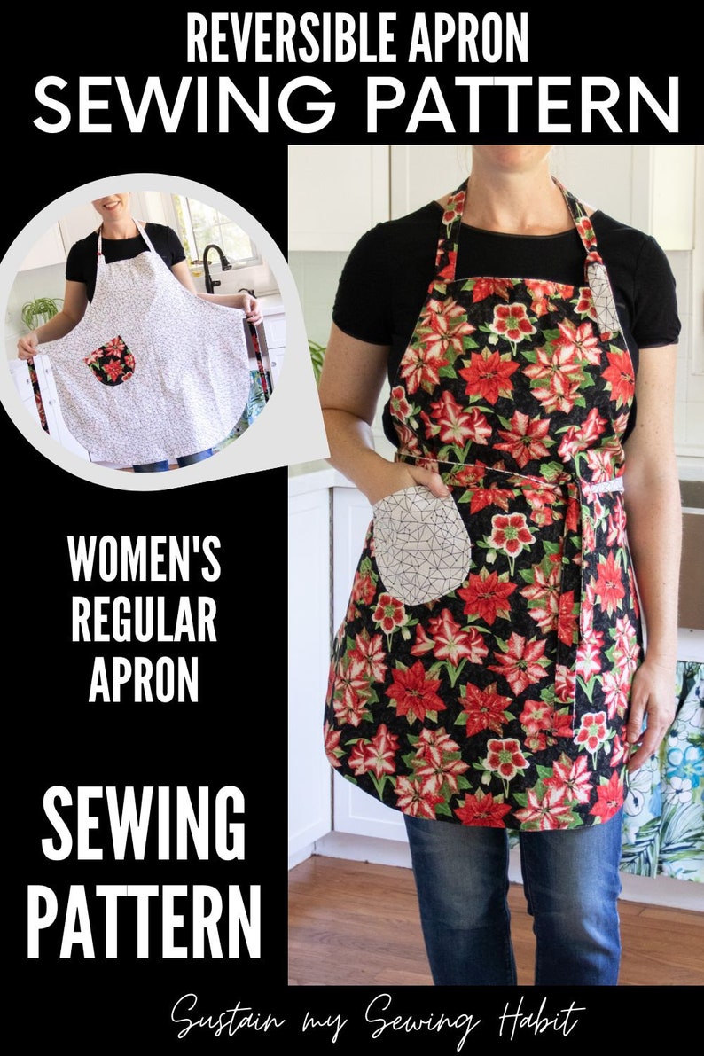 May include: Reversible apron sewing pattern for a regular apron. The apron is black with red floral print and a geometric print pocket. The apron is shown being worn by a person.
