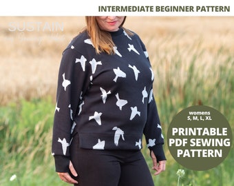 Women's Split Hem Crew Top with Thumbholes | PDF Sewing Pattern | Digital Instant Download | Print at Home | US S,M,L,XL