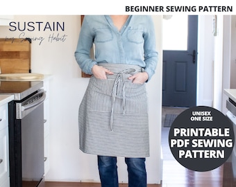 Half Apron | PDF Sewing Pattern | Digital Instant Download | Print at Home | One Size | Unisex Kitchen Serving Garden Apron