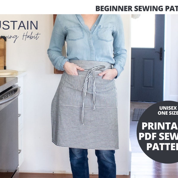 Half Apron | PDF Sewing Pattern | Digital Instant Download | Print at Home | One Size | Unisex Kitchen Serving Garden Apron