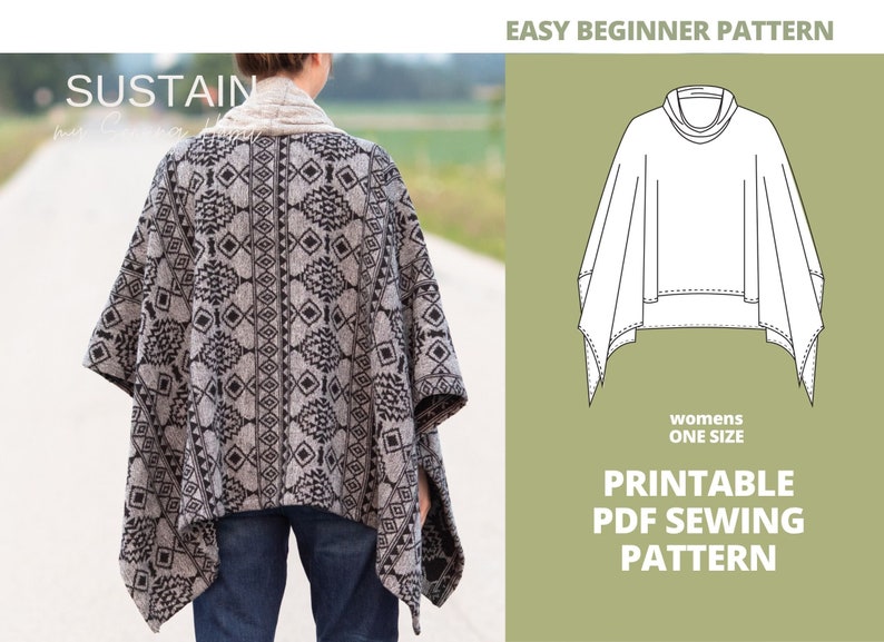 Cowl Neck Poncho | PDF Sewing Pattern | Easy to Wear | Comfort and Style | Instant Download | Print at Home | ONE SIZE image 2
