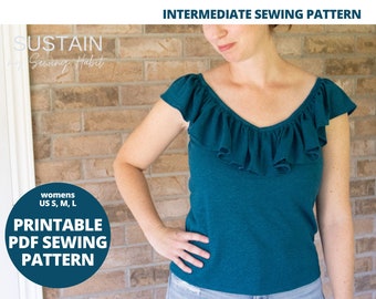 Women's Ruffled Top | PDF Sewing Pattern | Digital Instant Download | Print at Home | US S,M,L,XL