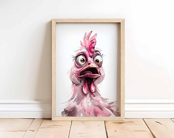 Bawkward Moments – Funny Chicken Wall Art, Farm Animal Bathroom Decor, Blush Barnyard Print, Quirky Farmhouse Gift, Bubbles & Banter Series