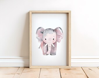 Little Trunkling – Baby Elephant Wall Art, Safari Nursery Print, Jungle Animal Decor, Pink Elephant Artwork, Watercolor Baby Room Art