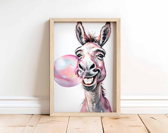 Chewsday Chuckles – Funny Donkey Wall Art, Bubblegum Animal Print, Farmhouse Bathroom Decor, Quirky Nursery Art, Bubblegum Buddies