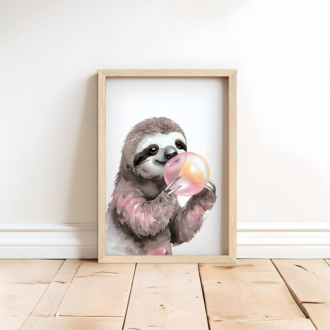 Slow Pop – Bubblegum Sloth Wall Art, Funny Sloth Nursery Print, Cute ...