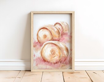 Impresión de estilo rústico pastel: Paisaje con fardos de heno al atardecer