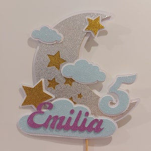 Moon cake topper, moon and stars cake topper, glitter Cake Topper, Birthday cake topper, christening cake topper, baby shower cake