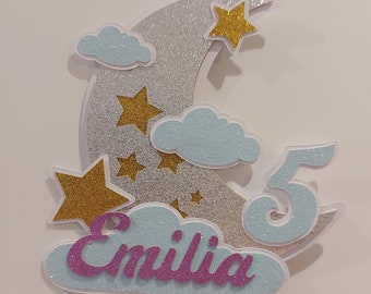 Moon cake topper, moon and stars cake topper, glitter Cake Topper, Birthday cake topper, christening cake topper, baby shower cake