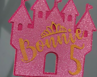 Adorno para tarta de princesa con castillo: nombre y edad personalizados, purpurina rosa