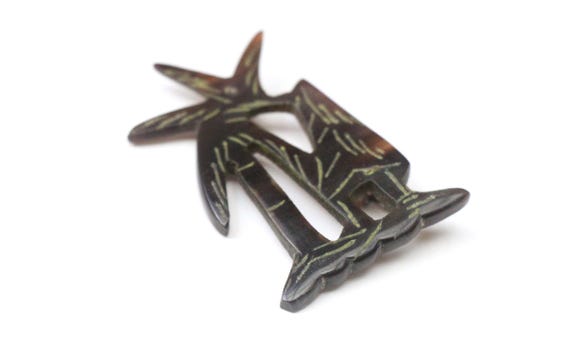 Mid Century Carved Horn Brooch, Tropical Palm Tree Pin, Island Souvenir Jewelry