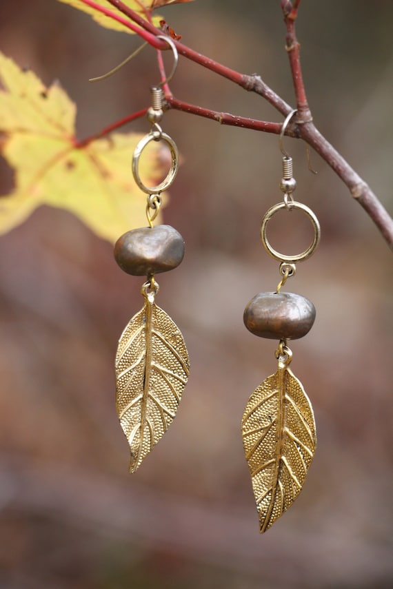 Leaf Metal Dangle Earrings - Vintage