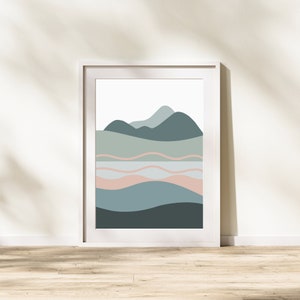 landscape 2, printable art, digital art print, blue, pink, mountains, nature, pdf, download, poster