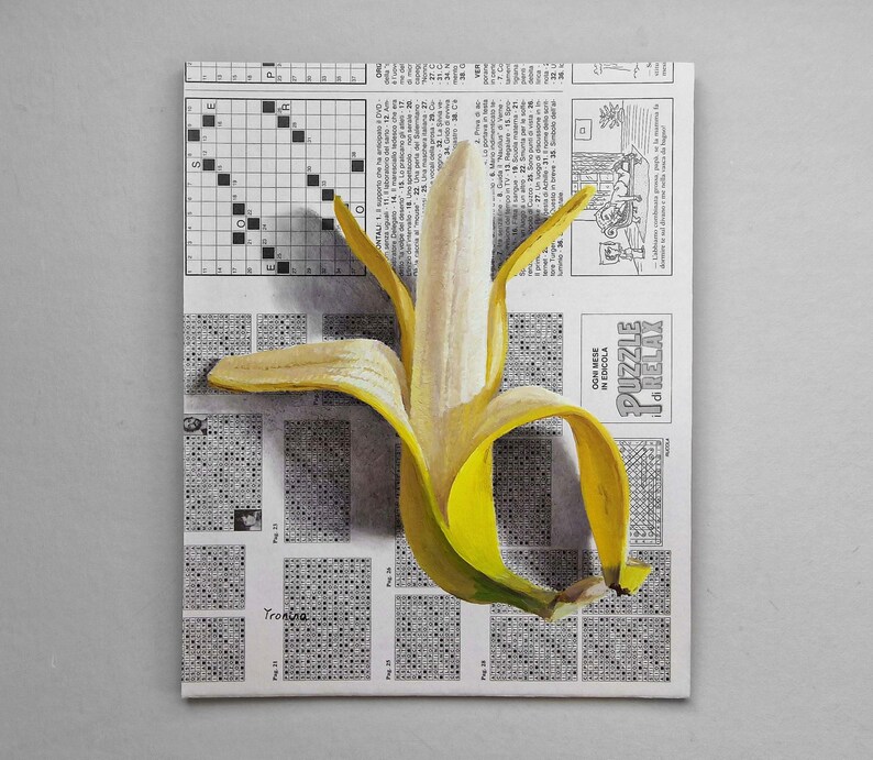 Banana Painting on Newspaper, Fruits Original Art, Newspaper Art, Fruit