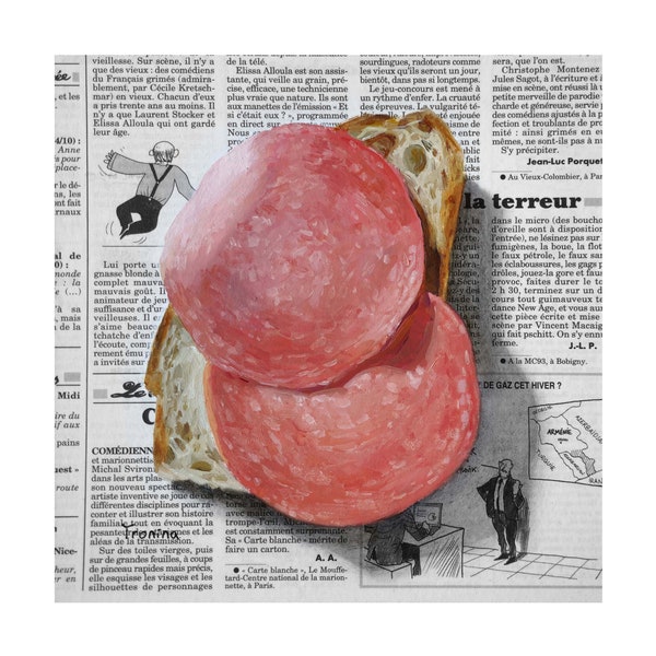 Salami painting on newspaper original art, bread with sausage painting, food painting, newspaper art, sandwich painting, bread art