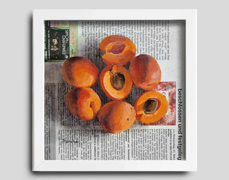 Apricots Paintings on Newspaper, Original Art, Apricots Painting, Newspaper Art image 2