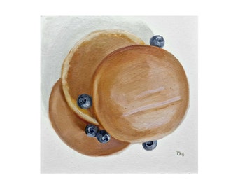 Blaubeere Pancake Gemälde Originalkunst, Pfannkuchen Gemälde, Pfannkuchen Kunst, Frühstücksmalerei, Essen Malerei