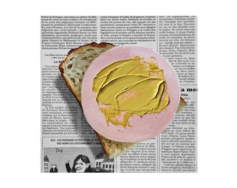 Bread with sausage 3d painting on newspaper original art, bread painting, food painting, newspaper art, sandwich gift, bread art