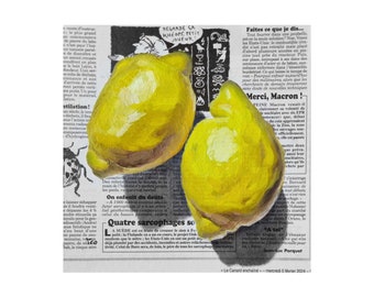 Lemon painting on newspaper original art, citrus fruit art, lemon artwork, lemon gift, fruit wall art, newspaper art