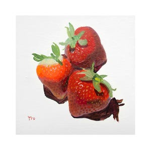Strawberry small painting on cardboard, strawberry art, strawberry painting, berry painting, berry art