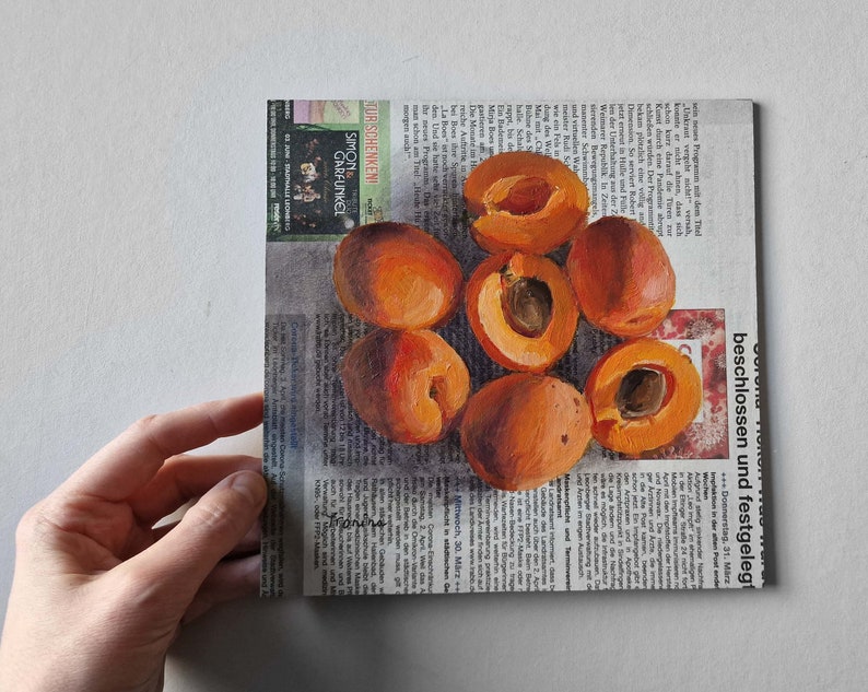 Apricots Paintings on Newspaper, Original Art, Apricots Painting, Newspaper Art image 4