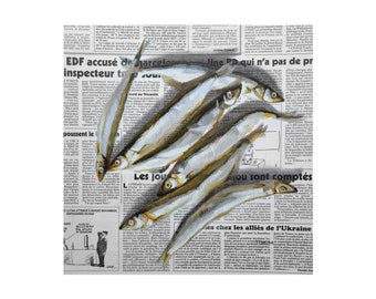 Fish painting on newspaper, sardines original art, fish painting, fish art, seafood art, sardines painting