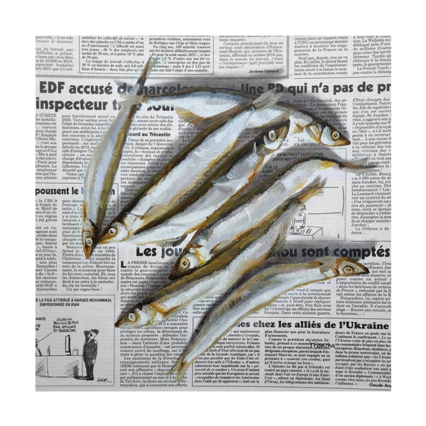 Fish painting on newspaper, sardines original art, fish painting, fish art, seafood art, sardines painting