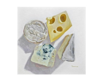 Cheese painting on white background, food painting, four types of cheese original art