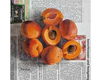 Apricots Paintings on Newspaper, Original Art, Apricots Painting, Newspaper Art