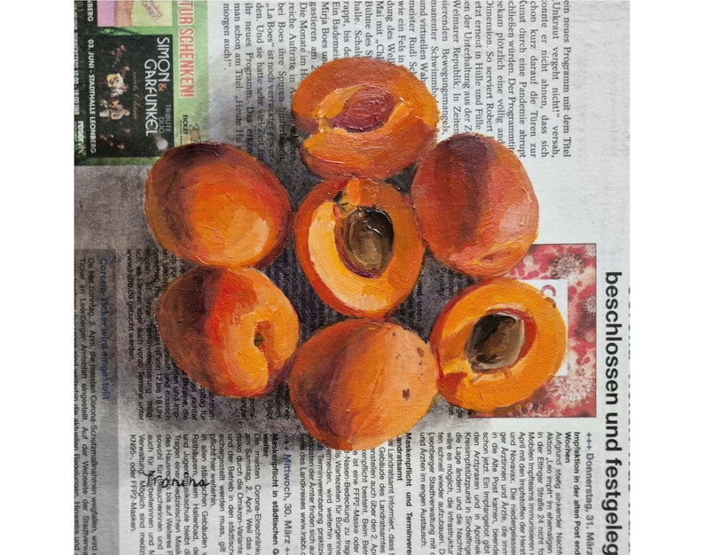 Apricots Paintings on Newspaper, Original Art, Apricots Painting, Newspaper Art image 1