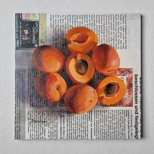 Apricots Paintings on Newspaper, Original Art, Apricots Painting, Newspaper Art image 3