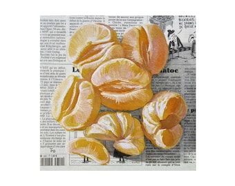Tangerine painting on newspaper, citrus fruit painting, orange art, tangerine still life