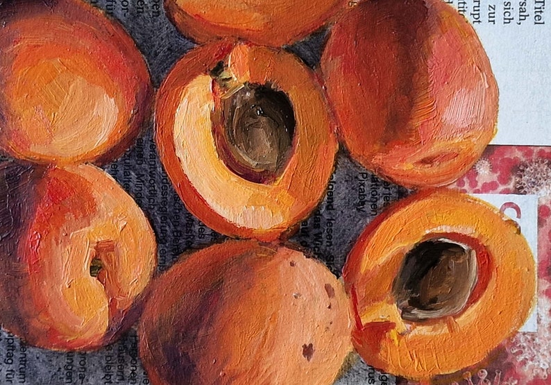 Apricots Paintings on Newspaper, Original Art, Apricots Painting, Newspaper Art image 5