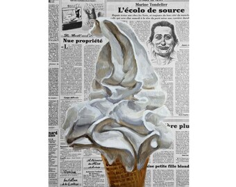 Ice Cream Painting, Soft Ice Cream Oil Painting on Newspaper, Food Painting, Dessert Picture, Candy Art, Summer Painting, Newspaper Art