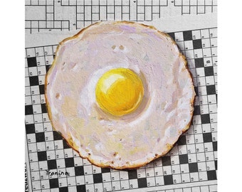 Fried egg painting on newspaper, egg painting, egg oil painting, fried egg art, breakfast painting, food painting, newspaper art